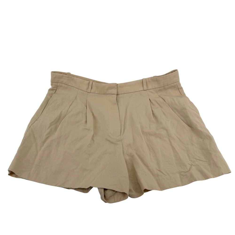MNG Mango Shorts Pleated High Rise 12 Tan Beige Womens Linen Blend Casual